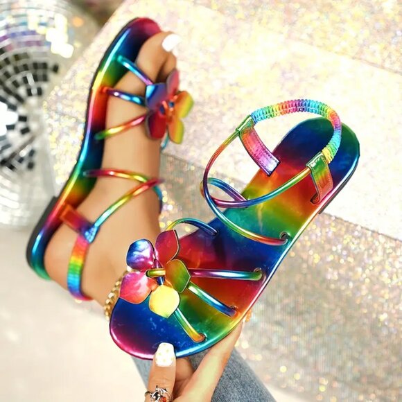 Rainbow Floral Flat Sandals โ Retro Open-Toe Roman Style, Comfy & Colorful - Picture 6 of 7